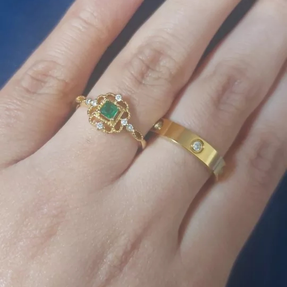 NEW Handmade Lace 14k Gold Filled Diamond Emerald Milgraine Adjustable Ring - Picture 4 of 16